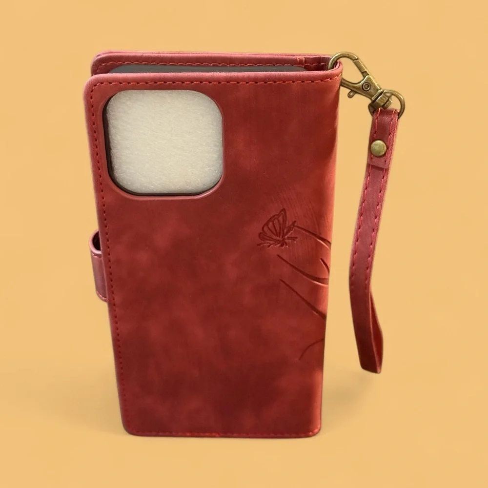 NWOT Elegant Red Embossed Women's Flower Faux Leather Flip Wallet IPhone Case